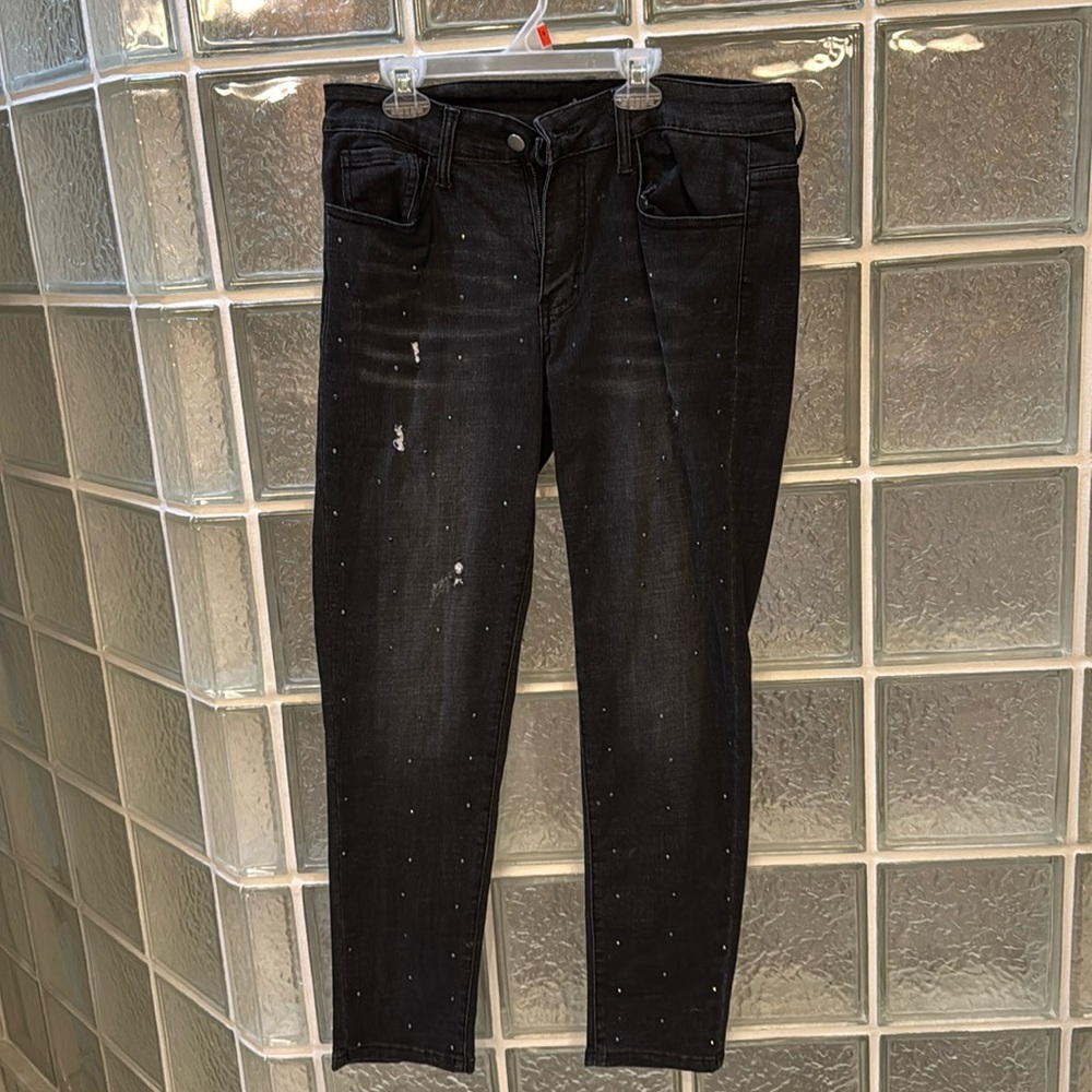 VOCAL Womens Rhinestone BLING DISTRESSED JEANS PANT size XL Mid Rise Stretch